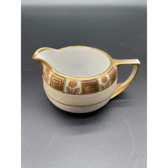 Vintage Nippon Hand Painted Sugar Bowl and Creamer Set Gold Trim Rose Design - Picture 3 of 15